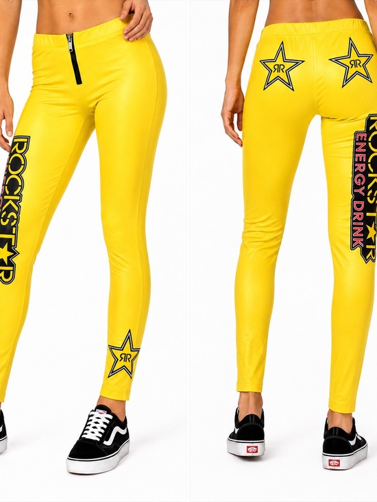 Rockstar Energy Pants - Rockstar Energy Drink Promotional Yellow Graphic Leggings Y2K Skinny Fit Size S